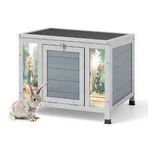 Resenkos Wooden Rabbit Hutch With Lock & Roof, Pet Home For Rabbits, Guinea Pigs, Cats, Chicks, Gray With Colorful Patterns - 1 of 4