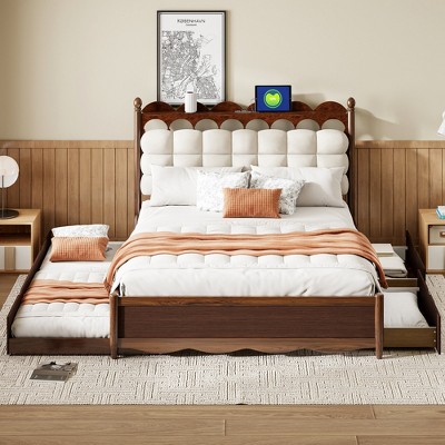 Whisen Queen Size Wooden Storage Platform Bed with 2 Big Drawers, USB Ports and Trundle