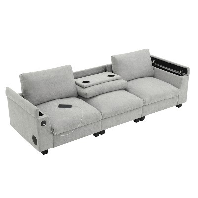 96" W 3-Seat Chenille Sectional Sofa with Bluetooth Speaker, Drop Down Table, USB Charger, and Storage Armrest, Gray