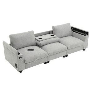96" W 3-Seat Chenille Sectional Sofa with Bluetooth Speaker, Drop Down Table, USB Charger, and Storage Armrest, Gray - 1 of 4