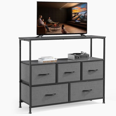 CAVINAS Dresser for Bedroom with 5 Drawers,Dressers & Chest of Drawers with Metal Frame and 2 Open Shelves for Living Room,Hallway