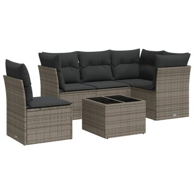 vidaXL 6 Piece Patio Sofa Set with Cushions Gray Poly Rattan - With Table