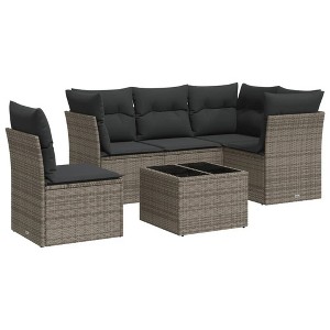 vidaXL 6 Piece Patio Sofa Set with Cushions Gray Poly Rattan - With Table - 1 of 4