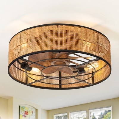 Airsurfer 19" Black Flush Mount Cage Ceiling Fan with LED Light, with 7 Dark Brown Blades,Remote Included