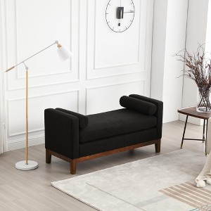 TROPOW Upholstered Bench - 53.5" W, Wood Legs, Bolster Pillows, Boucle Fabric, Caramel for Bedroom, Living Room, Entryway - 1 of 4