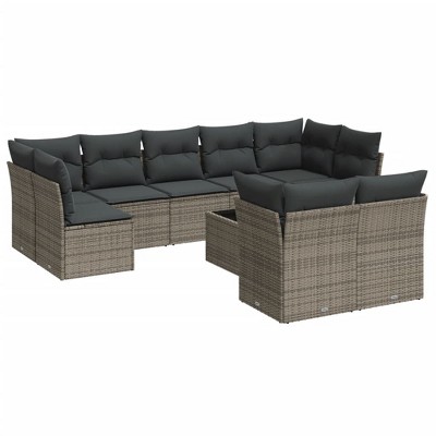 vidaXL 10 Piece Patio Sofa Set with Cushions Gray Poly Rattan - With Table