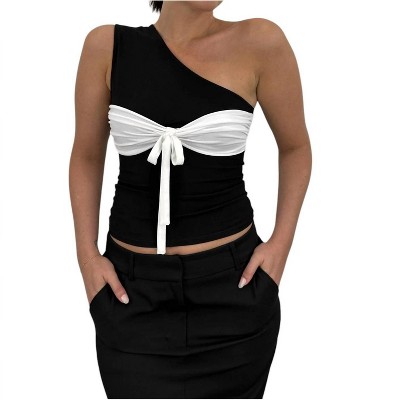 Women's One Shoulder Contrast Tie Chest Tank - Et Clet L