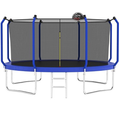 HFYee 8/10/12/14/10*16FT Backyard Trampoline Basketball Kit with Bonus Balls & Safety Enclosure for Ages 8+, Blue