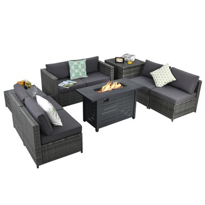 Tangkula 9 PCS Rattan Dinning Set Wicker Sofa w/Propane Gas Fire Pit 60,000 Btu Heater