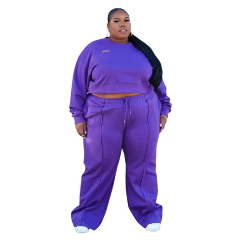 Black Bell Bottom Foldover Waist Plus Size Sweatpants-Black-1X