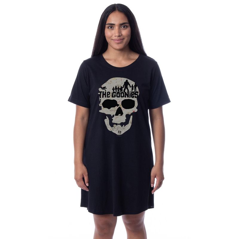 The Goonies Womens' Movie Film Skull Map Nightgown Sleep Pajama Shirt Black, 1 of 4