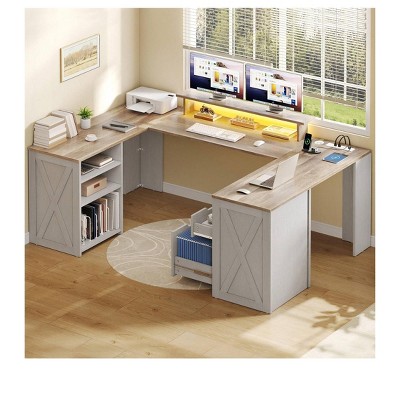 U Shaped Computer Desk With Power Outlet & LED Strip Gaming Desk With Drawers With Storage Shelves & Monitor Stand & Record Storage Display Shelf