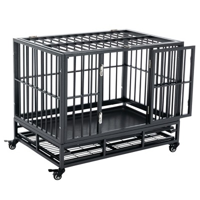 Pawhut 36 Heavy Duty Dog Crate Metal Cage Kennel With Lockable Wheels Double Door And Removable Tray Gray Target