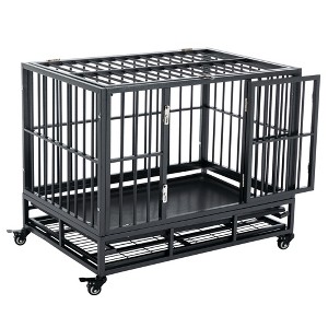 PawHut Heavy Duty Dog Crate Dog cage Kennel with Lockable Wheels, Double Door and Removable Tray, Grey - 1 of 4