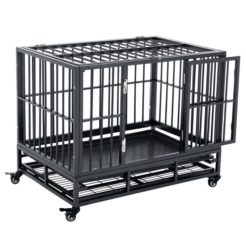 PawHut Heavy Duty Dog Crate Dog cage Kennel with Lockable Wheels, Double Door and Removable Tray, Grey, 1 of 9