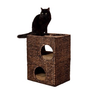 THE LICKER STORE Jaxon Modern Classic 2-Tier Handwoven Hyacinth Rectangular 5-Hole Cat Condo with 2 Machine-Washable Cushions - 1 of 4