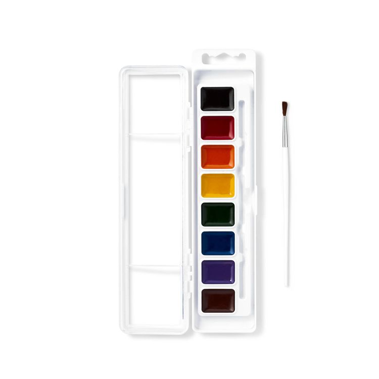 A set of eight watercolor paints in a white plastic case with an open lid, accompanied by a small paintbrush.