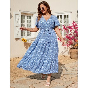 Coolmee Women Plus Size Casual Ruffle V Neck Short Sleeve High Waist Wrap Maxi Dress With Belt - 1 of 4