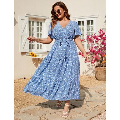 Coolmee Women Plus Size Casual Ruffle V Neck Short Sleeve High Waist Wrap  Maxi Dress With Belt Brown 2XL : Target