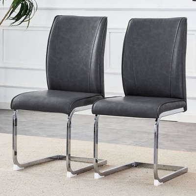 SEVOBAL Dining Chairs Set of 2 High Resilience Luxury PU Material Simple Arch Chair with Arched Metal Silver Leg, Dark Gray, 17.3"*21.6"*39"