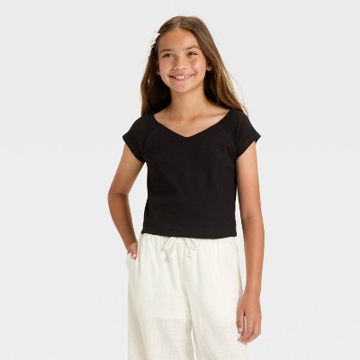 Girls' Short Sleeve V-Neck Ribbed T-Shirt - art class™