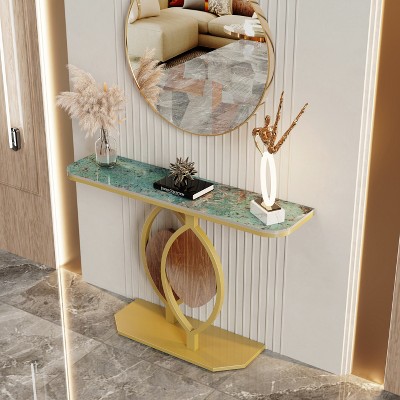 Artloge Genuine Marble Console Table Hallway Entrance Storage Gold Leaf Base GREEN