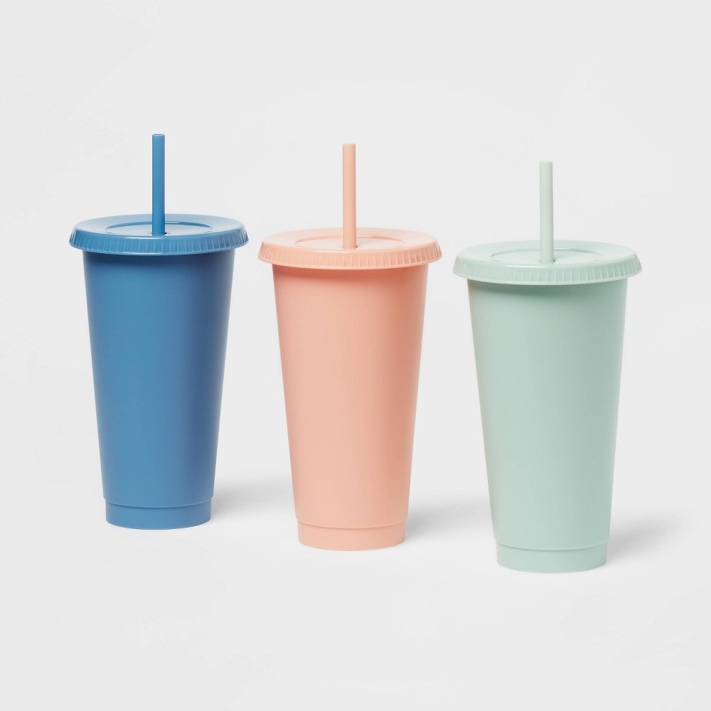 Photos - Glass 24oz Plastic 3pk Reusable Cold Cup Solid Blue/Mint/Peach - Room Essentials