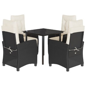 vidaXL 5 Piece Patio Dining Set - Black Poly Rattan, Reclining Garden Chairs with Cushions & Tempered Glass Table, Adjustable Backrests - 1 of 4