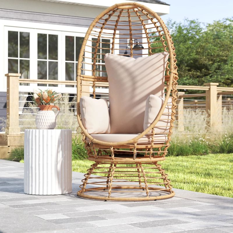 Barton Outdoor Rattan Wicker Swivel Basket Egg Chair Lounge Chair with Cushion, Beige, 2 of 7