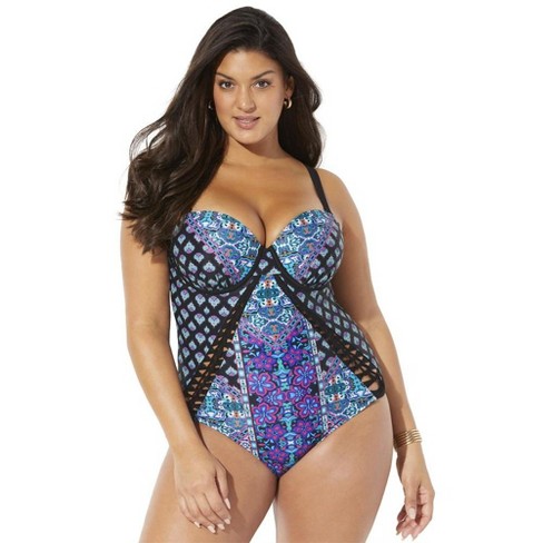 Swimsuits for All Women's Plus Size Macrame Underwire One Piece Swimsuit,  10 - Multi Paisley Floral