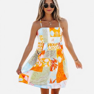 Amaryllis Women's Patchwork Print Smocked Back Midi Dress with Adjustable Straps Square Neckline - 1 of 4