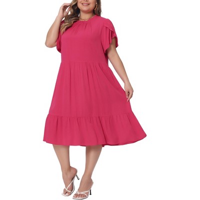 Agnes Orinda Women's Plus Size Tie Back Petal Sleeve Mock Neck Ruffle Swing  Midi A-line Dresses Hot Pink 2x : Target