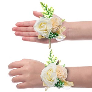 Unique Bargains Silk Wedding Artificial Rose Boutonniere and Wrist Corsage Set Yelllow - 1 of 4