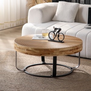 Grungis Wooden Carving Pattern Round Coffee Table,Modern End Table with Metal Legs for Living Room,Offices - 1 of 4