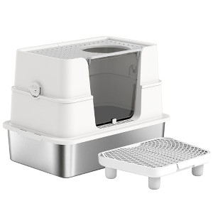 Kumasinova Cat Litter Box with Scoop & Pad,Odor-Resistant Stainless Steel Cat Litter Box for Big Cats,Non-Slip Design,23.6" x 15.7" x 11.8" - 1 of 4