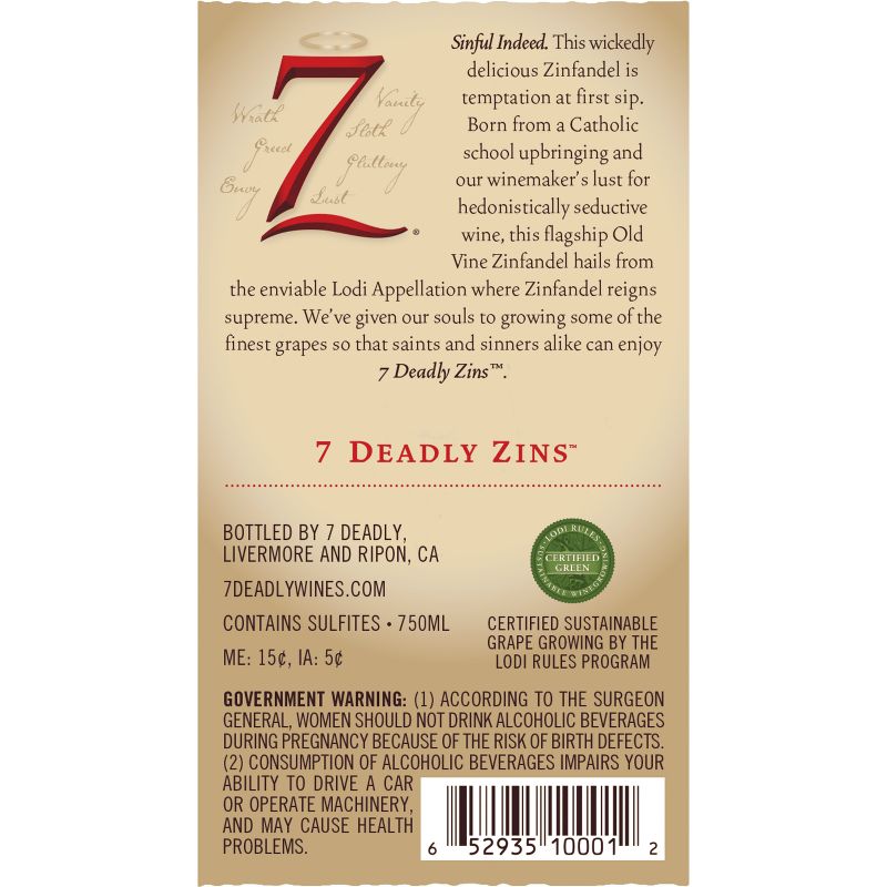 7 Deadly Zins Old Vine Zinfandel Red Wine - 750ml Bottle, 6 of 8