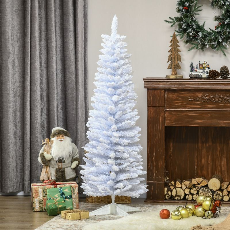 HOMCOM 5 FT Snow Flocked Artificial Pencil Christmas Tree, Slim Xmas Tree with Realistic Branches and Plastic Base Stand for Indoor Decoration White, 3 of 7