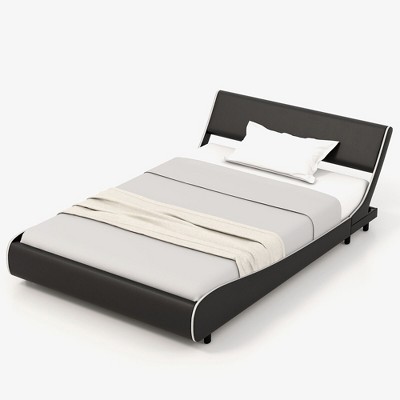Tangkula Full Upholstered Platform Bed Frame Low Profile Faux Leather w/ Curved Headboard