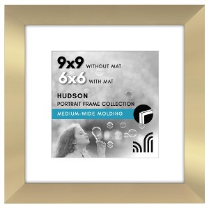Americanflat 9x9 Picture Frame with Shatter-Resistant Glass - 6x6 with Mat or 9x9 Without Mat - Hudson - Wide Square Frames - Gold - 1 of 1