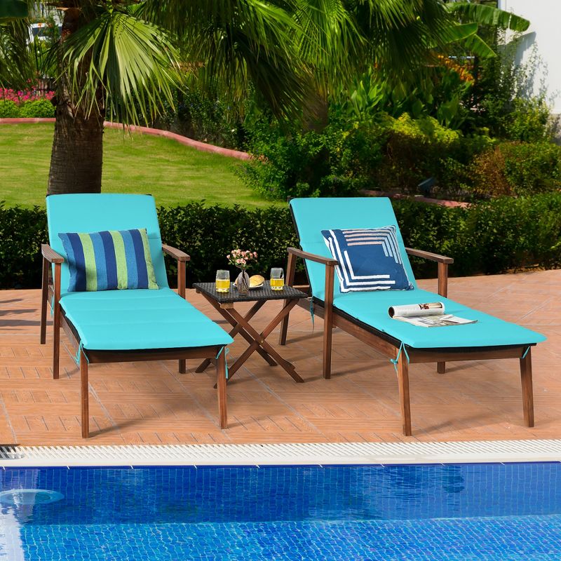 Costway 3PCS Patio Rattan Lounge Chair Folding Table Set Chaise Wood Cushioned White\Turquoise, 2 of 11