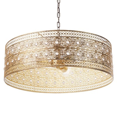 Elegant Brass and Crystal Drum Chandelier, 26" Glam Pendant Light