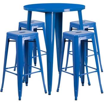 Flash Furniture Commercial Grade 30" Round Metal Indoor-Outdoor Bar Table Set with 4 Square Seat Backless Stools
