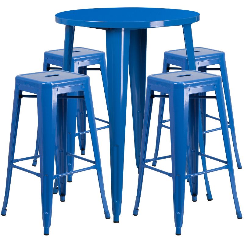Flash Furniture Commercial Grade 30" Round Metal Indoor-Outdoor Bar Table Set with 4 Square Seat Backless Stools, 1 of 5