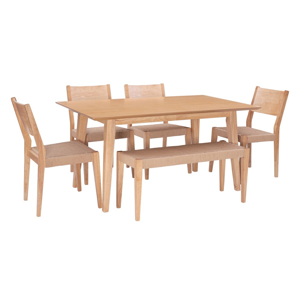 6pc Clara Woven Chairs and Table Dining Set Natural - Powell: Mid-Century Modern, Rubberwood Frame, Veneer Surface