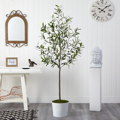 Mediterranean Dream 70" Faux Olive Tree in White Tin Planter
