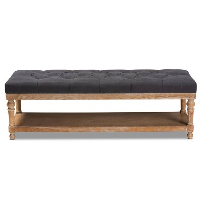 Charcoal Linen and Greywashed Wood Storage Bench with Tufted Detail
