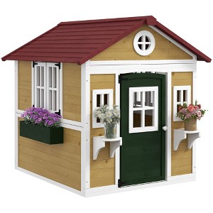 Outsunny Playhouse for Kids Outdoor, Wooden Playhouse with Doors, Windows, Planter Pots and Boxes for Toddlers 3-8 Years, Backyard, Indoor - 1 of 4