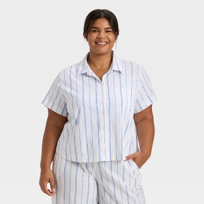 Women's Striped Cotton Blend Short Sleeve Pajama Shirt - Auden™