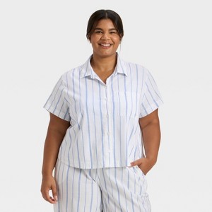 Women's Striped Cotton Blend Short Sleeve Pajama Shirt - Auden™ - 1 of 3