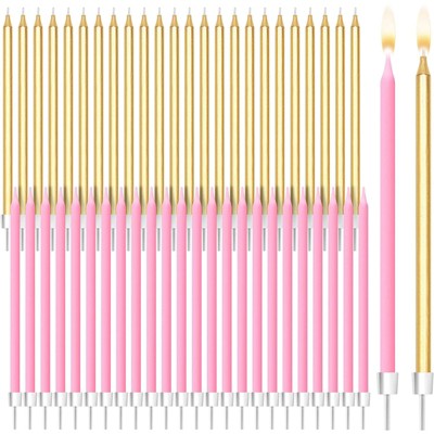 Blue Panda 48-Pack Metallic Gold & Pink Long Thin Birthday Cake Candles 5-Inch with Holders